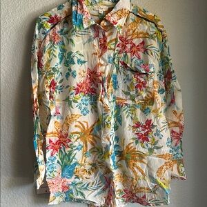 Elan White Floral Button-Down Shirt with Pink, Blue & Yellow Print